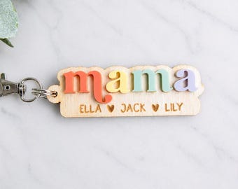 Personalized Mama Keychain, Custom Mom Keyring with Kids Names, Mother's Day Gift for Mom, Wooden Name Keychain Gift
