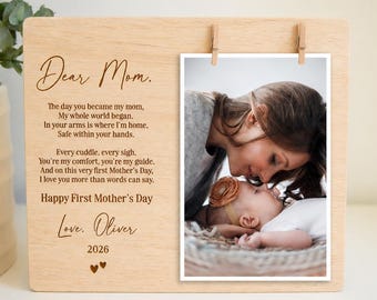 First Mothers Day Gift, Personalized Engraved Photo Frame, New Mom Gift from Baby, Custom Wood Frame, First Mothers Day Keepsake