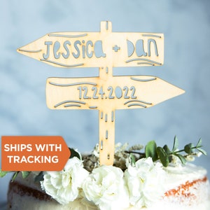 Custom Name Wedding Cake Topper | Personalized Adventure Cake Topper, Mr Mrs Wood Topper, Travel Themed Topper, Rustic Wedding Decor Topper