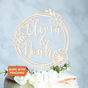 Custom Bee Couple Wedding Cake Topper | Mr and Mrs Topper, Personalized Cake Topper, Rustic Wood Topper, Anniversary Topper, Bee Cake Topper