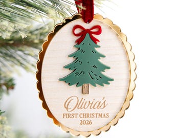 赤ちゃんの初めてのクリスマスオーナメント 2026、名入れ木製クリスマスツリーオーナメント、赤ちゃんの名前入り記念品、新生児へのクリスマスギフト
