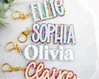 Personalized Backpack Name Tag, Kids Name Keychain, Custom Acrylic Bag Tag, Glitter Backpack Charm, Lunch Box Daycare Bag Tag