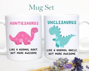 Personalized Auntiesaurus Uncle Individual OR Mug Set, Pregnancy Reveal Custom Gift New Aunt Uncle Custom Baby Announcement Shower New Baby