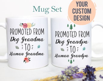 Promoted From Dog Grandma To Human Grandma Mug Set, Baby Announcement, Grandparents Mug Grandpa Mug Pregnancy Announcement Grandparents Gift