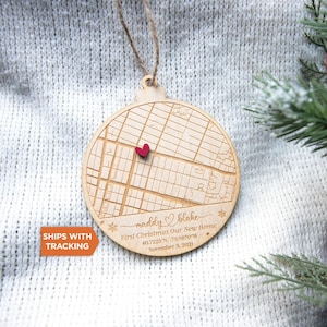Adorno navideño con el primer hogar nuevo / Adorno personalizado con el mapa de nuestro primer hogar, regalo para nuevos propietarios, recuerdo navideño, adorno para el nuevo hogar