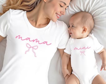 Mama Mini Matching Shirts, Mom and Baby Outfit Set, Pink Bow Mama Shirt Baby Onesie, Mommy and Me Matching Set, New Mom Gift