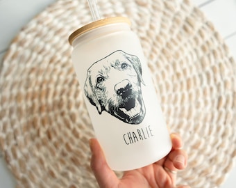 Vaso de cristal con cara de mascota personalizada/taza de café helado, vaso de mascota personalizado, regalo para amantes de las mascotas, retrato de mascota personalizado, lata de cristal personalizada para gato o perro