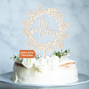 Beach Wedding Cake Topper | Custom Name Tropical Cake Topper, Mr Mrs Wood Topper, Adventure Themed Rustic Wedding Decor, Travel Cake Topper