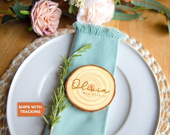 Custom Wood Place Card 3.5-4&quot; | Rustic Wedding Name Place Cards, Engraved Wood Slice Log Name, Rustic Place Name,Wedding Table Place Setting