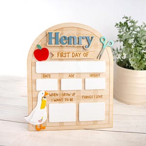 以下が含まれることがあります： アーチ型の木製サインボード。チェック柄の背景に青い文字で「Henry」とあり、赤いリンゴと青緑色のハサミの装飾が施されています。日付、年齢、身長、将来の夢、好きなものを記入するための白い長方形のスペースが配置されています。