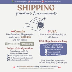 The image is a promotional flyer for shipping services, highlighting various benefits and options for customers. It includes information about free standard shipping on orders over CAD $65 and gift boxes, as well as a promotion code for CANSHIP65. The flyer also mentions USA shipping made easy, a budget-friendly option for selecting items for free shipping, and a local London, Ontario pickup available at the studio.