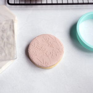 May include: A round cookie topped with light pink fondant featuring an embossed botanical pattern of wildflowers and a butterfly. Beside the cookie is a clear acrylic stamp with a matching floral design and a round teal plastic cookie cutter.