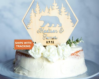 Custom Name Mountain Wedding Cake Topper | Personalized Mountain Topper, Mr Mrs Wood Topper, Adventure Themed Topper, Rustic Wedding Decor