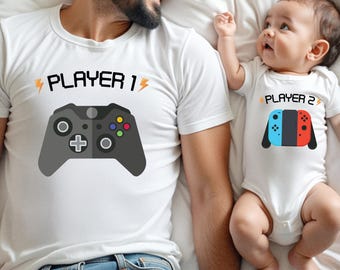 Shirt en bodysuit voor videogame Dad Player 1 en 2 | Romper met bijpassende shirts, vaderdagcadeau, cadeau voor vader gamer, bijpassende vader/kind