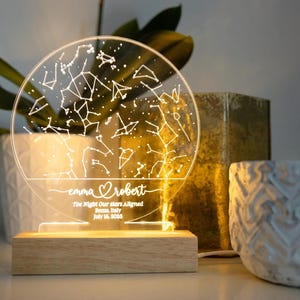 Pode incluir: Uma luz noturna personalizada com um design de constelação num disco de acrílico transparente. Montada numa base de madeira, inclui os nomes "emma robert" e o texto "The Night Our stars Aligned" com data e local.