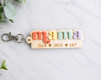 Personalized Mama Keychain, Custom Mom Keyring with Kids Names, Mother's Day Gift for Mom, Wooden Name Keychain Gift