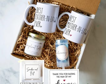 Father and Mother of the Groom Gift Box | Father In Law Wedding Gift, Mother In Law Wedding Gift, Gift Set From Bride, Gift box for FIL MIL