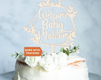 Custom Name Welcome Baby Cake Topper | New Baby Cake Topper, Rustic Wood Acrylic Topper, Shower Decoration, Gender Reveal Topper,Baby Reveal