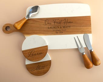 First Home Gift Personalized Charcuterie Board, Realtor Closing Gift, Custom Housewarming Cutting Board, Marble Wood Engraved Board