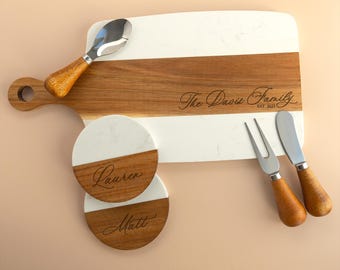 Personalized Marble Wood Cutting Board, Custom Engraved Charcuterie Board, Wedding Gift, Housewarming Gift, Coasters, Cutlery