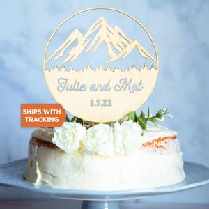 Custom Name Mountain Wedding Cake Topper | Personalized Mountain Topper, Mr Mrs Wood Topper, Adventure Themed Topper, Rustic Wedding Decor