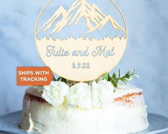 Custom Name Mountain Wedding Cake Topper | Personalized Mountain Topper, Mr Mrs Wood Topper, Adventure Themed Topper, Rustic Wedding Decor