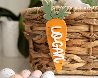Gepersonaliseerde naam Carrot Easter Basket Tag | Aangepast paaseierenlabel, paascadeau voor kinderen, paasdecor, leuk wortellabel, paasmandlabel