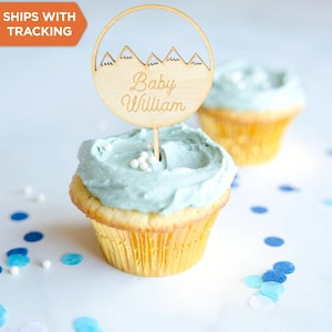 Baby Shower Cupcake Topper | Custom Wood Acrylic Cupcake Topper, Personalized New Baby Cupcake Topper, Baby Shower Mountain Theme Topper