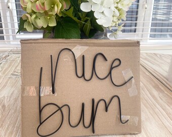 May include: A brown cardboard sign with the words "nice bum" written in black wire.