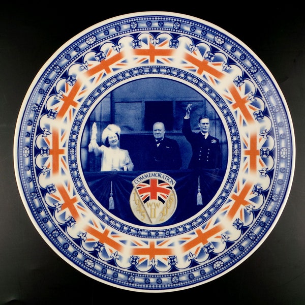 Vintage Porcelain Plate Wedgwood Commemoration of WWII * King George VI Queen Elizabeth Winston Churchill * Vintage Souvenir England