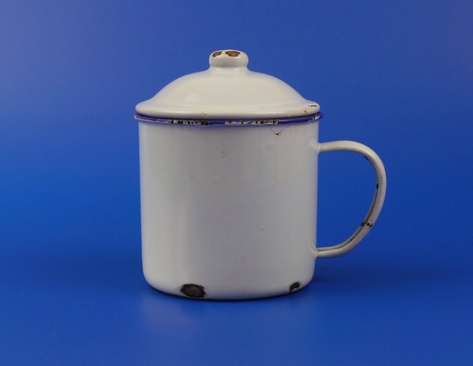 Vintage White Enamel Cup With Handle and Lid Vintage Enamel Mug