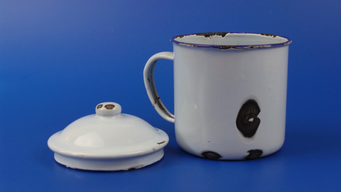 Vintage White Enamel Cup With Handle and Lid Vintage Enamel Etsy UK