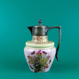 Antique Earthenware Claret Jug with Silver Plated Brass (EPNS) Lid & Handle * Vintage Collectable Wine Pitcher * Made in England