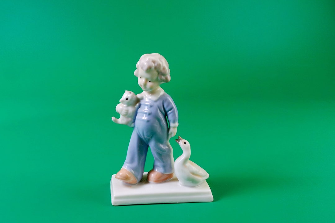 Vintage Porcelain Figurine Boy With Kitten and Goose Etsy
