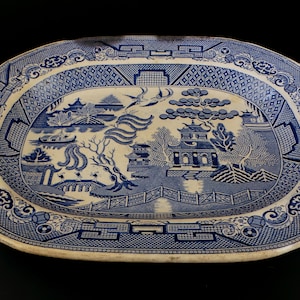 Antique Rare Porcelain Platter Willow Pattern * Vintage Warranted Stone China Large Plate William&Samuel Edge * Made in England