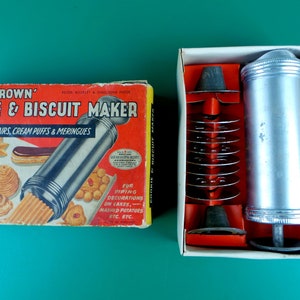 Prensa de galletas antigua color marrón avellana * Caja de cartón original * Utensilio de cocina vintage * Hecho en Inglaterra