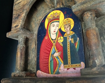Antique Handmade Wooden Orthodox Iconostasis Holy Virgin and Child * Vintage Orthodox Hand Painted Home Iconostasis