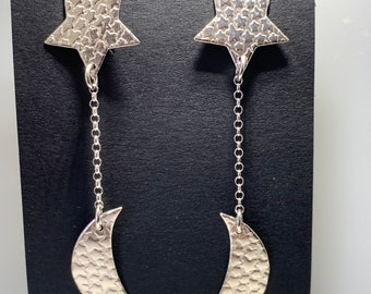 Moon and Stars long dangle  earrings sterling silver