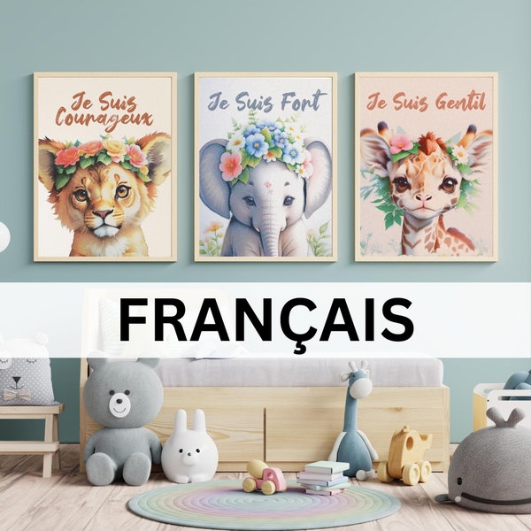 Affirmations d'une Nurserie Inspirante - Imprimez des Lions, des Éléphants et des Girafes | Téléchargement instantané