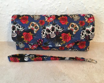 Necessary Clutch Wallet, skulls & roses print, NCW wallet, large blue wallet for women