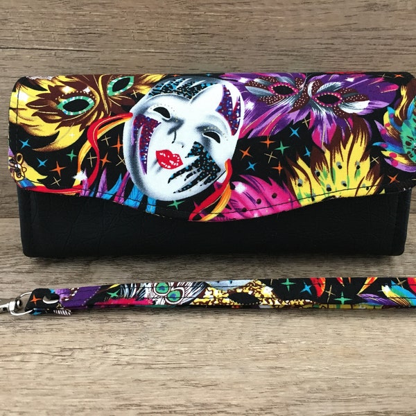 Necessary Clutch Wallet, Carnival masks print, NCW wallet, large wallet for women
