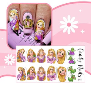 May include: A sheet of nail art stickers featuring a cartoon image of Rapunzel from the Disney movie Tangled. The stickers include images of Rapunzel with her long blonde hair, a crown, and a chameleon. The sheet also includes the text "Candy Nails" and "BC36".