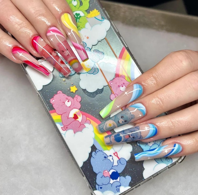 Water slide nail decals nail art nails transfers water slides CARE CUTE BEARS disney care bear inspired 90s nostalgia image 12