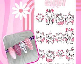 Water slide nail decals  nail art nails transfers CUTE WHITE MARIE cat hand  drawn valentine valentines