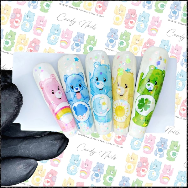 Water slide nail decals  nail art nails transfers  water slides CARE CUTE BEARS disney  care bear inspired 90s nostalgia