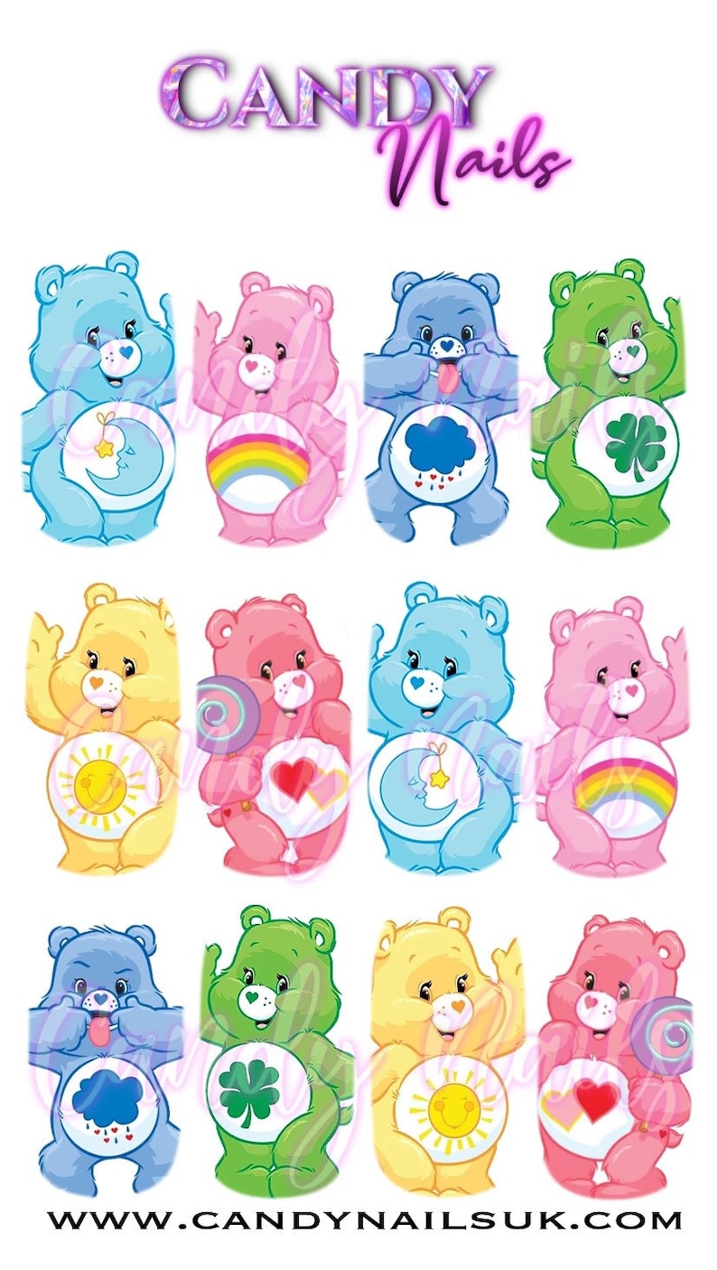 Water slide nail decals nail art nails transfers water slides CARE CUTE BEARS disney care bear inspired 90s nostalgia image 3
