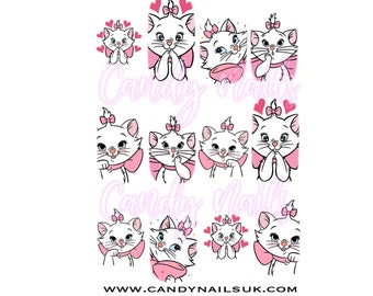 Water slide nail decals  nail art nails transfers CUTE WHITE MARIE cat hand  drawn valentine valentines