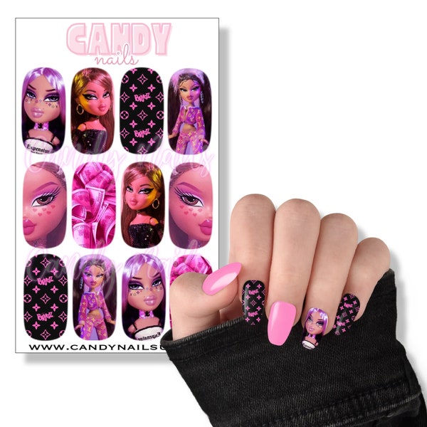 Water slide nail decals  nail art nails transfers CUTE doll girl pink bratz   hand  drawn