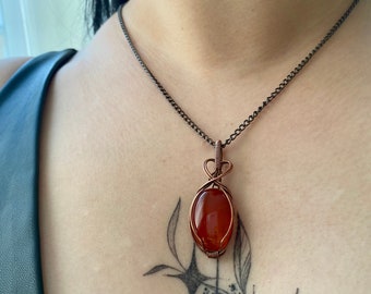 Carnelian necklace, handmade crystal pendant, copper wire wrapped pendant, minimalist jewelry, geometric jewelry, gift for girlfriend