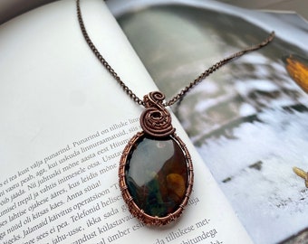 Handmade Bloodstone necklace,  copper wire wrapped handmade bloodstone pendant, goth amulet necklace with natural bloodstone